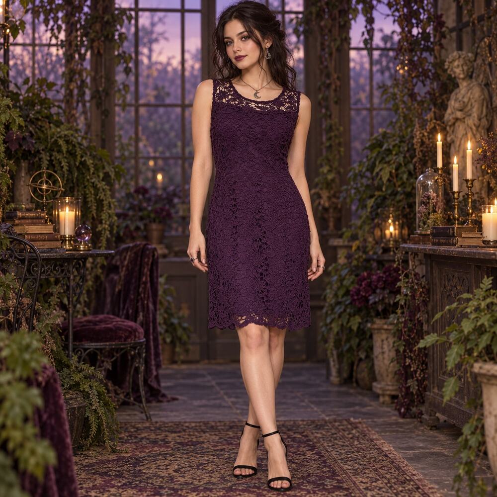 Skies are Blue Lace Midi Sheath Dress Sz L Purple Boho Whimsigoth Dark Romantic